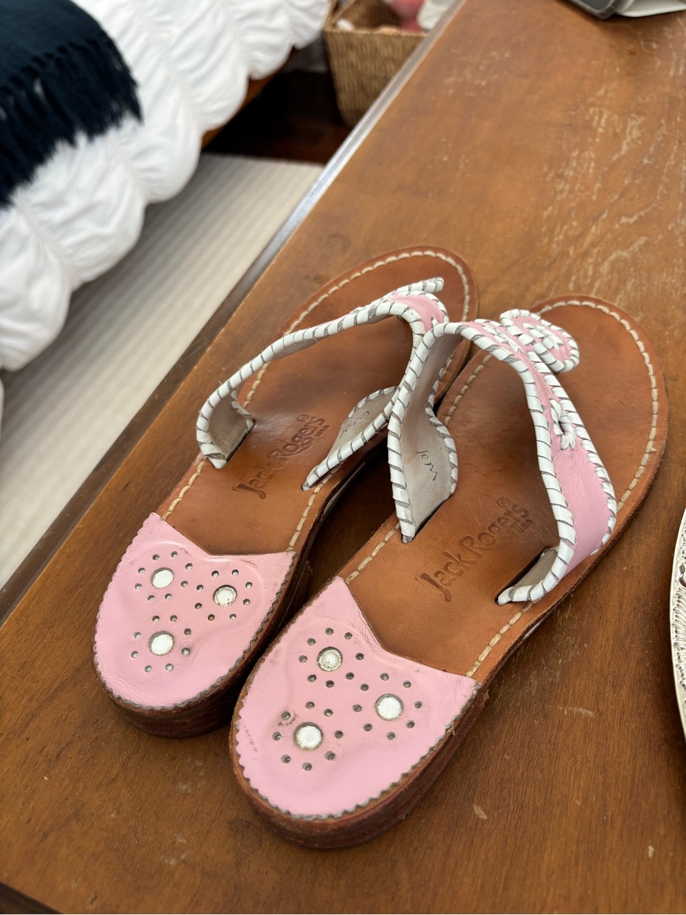 Jack Rogers Pink Leather Whipstitched Floral Thong Sandals - Picture 2 of 4